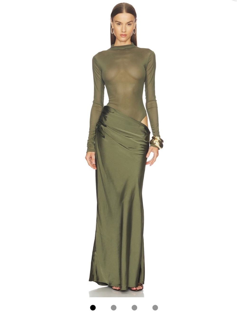 Camila Coelho Olive Green Long Sleeve Cutout Satin Gown